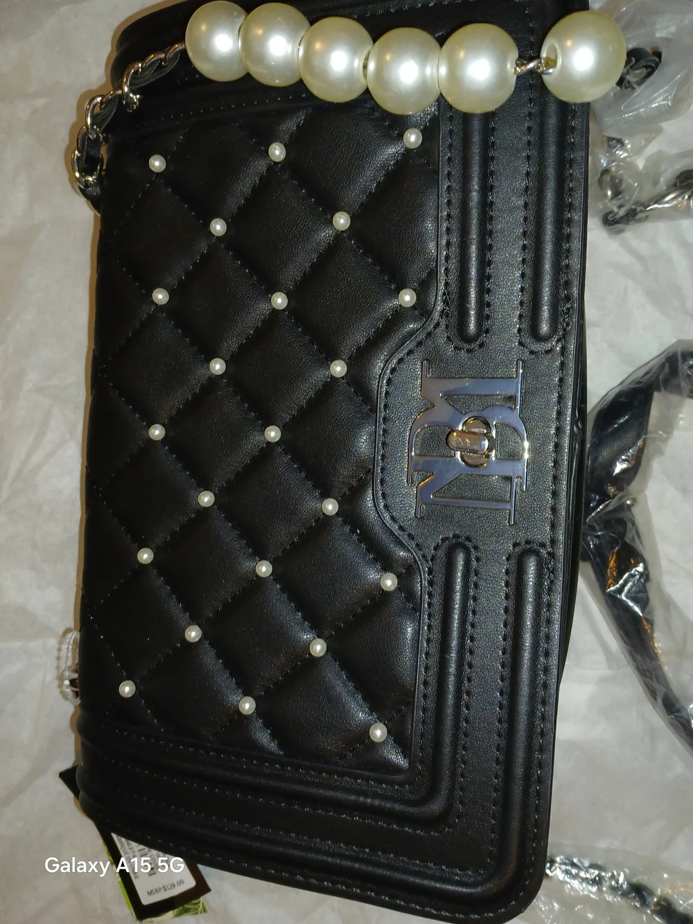 Badgley Mischka Black Quilted Crossbody w/ Pearl Handle Made With Vegan Leather